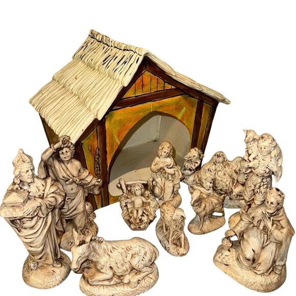 Vintage Atlantic Mold Ceramic 11pc Manger Nativity Set Handmade Handpainted Xmas - Picture 1 of 16